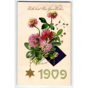 1909 New Year Postcard Embossed Flowers Germany John Winsch Back Antique Vintage